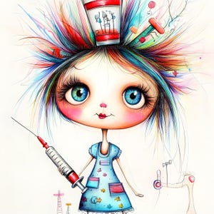 May include: A cartoon illustration of a girl with colorful hair wearing a blue dress and holding a syringe. She has large blue eyes and a red mouth. The image is drawn in a whimsical style.