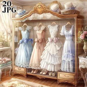Viktorianische Garderobe Clip Art Bundle, 20 hochauflösende Aquarell JPGs für Junk Journaling, Scrapbooking, Kartenherstellung, digitaler Download, Kleid