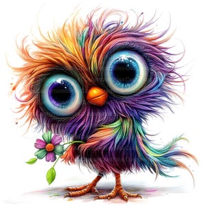 May include: A colorful, fluffy cartoon bird with large, blue eyes and an orange beak. The bird is holding a pink flower with green leaves in its right wing.