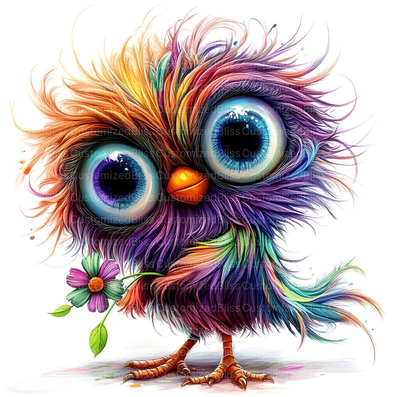 May include: A colorful, fluffy cartoon bird with large, blue eyes and an orange beak. The bird is holding a pink flower with green leaves in its right wing.