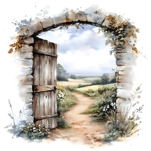 May include: A watercolour painting of a stone archway with a wooden door that is open, revealing a path leading to a field of green grass and wildflowers.