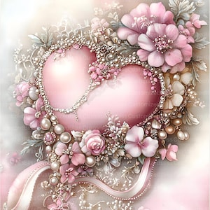 May include: A pink heart-shaped ornament decorated with pearls, beads, and pink flowers. The ornament is surrounded by a white ribbon.