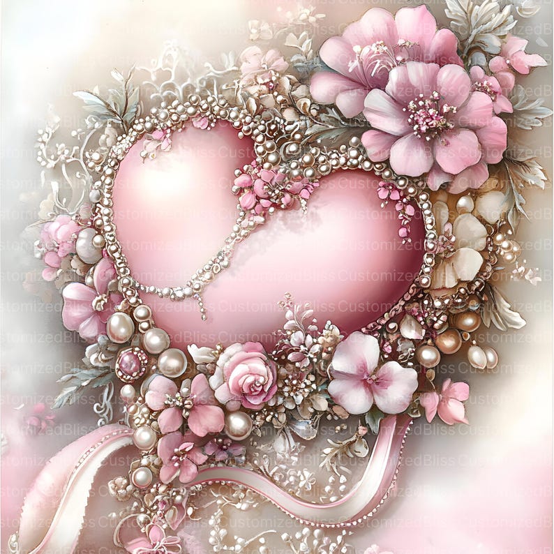 May include: A pink heart-shaped ornament decorated with pearls, beads, and pink flowers. The ornament is surrounded by a white ribbon.