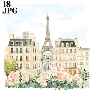 18 Cute Paris Clipart, Paris Travel Clipart, Eiffel Tower Clipart, Watercolor Clipart, Junk Journal, Digital Download, Paper Craft, JPG