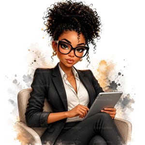 May include: Illustration of a Black woman with curly hair wearing a black suit, glasses, and gold earrings. She is seated and holding a tablet. The background has watercolor-style paint splatters in neutral tones.