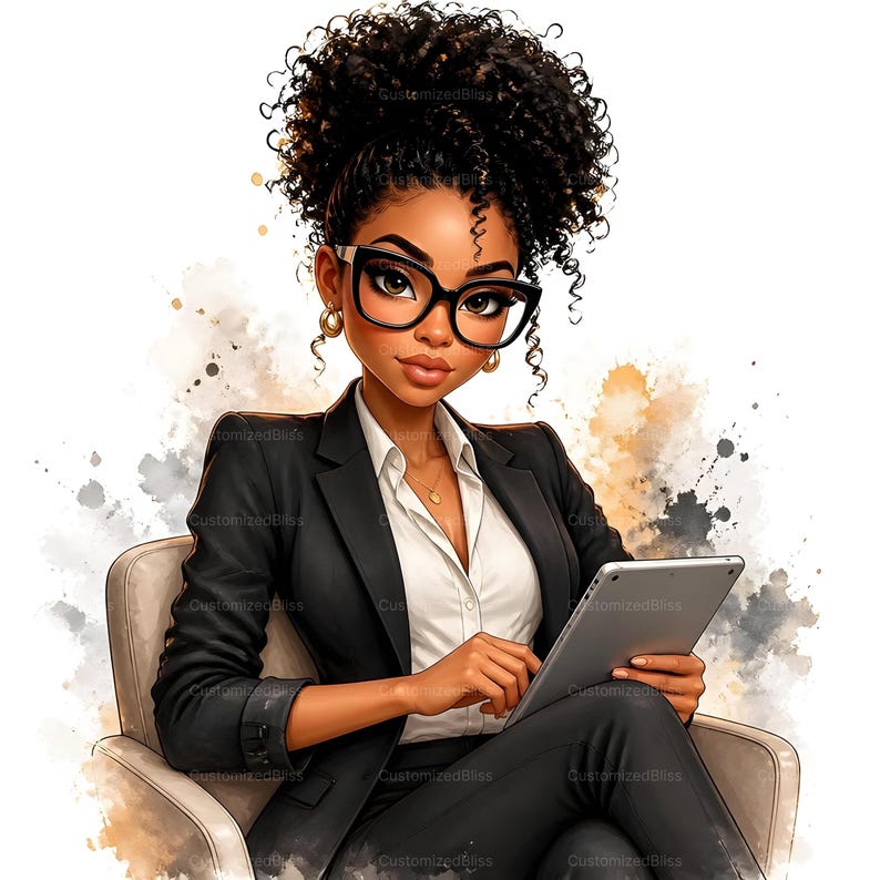 May include: Illustration of a Black woman with curly hair wearing a black suit, glasses, and gold earrings. She is seated and holding a tablet. The background has watercolor-style paint splatters in neutral tones.