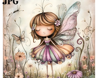 May include: A whimsical illustration of a fairy with brown hair, wearing a purple and green dress with a butterfly wing design. She has closed eyes and a sweet expression. The fairy is surrounded by flowers and butterflies in a soft, pastel color palette.