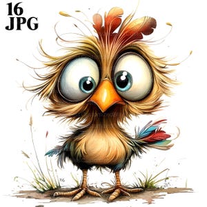 Funny Bird, Quirky Bird, Chick Clipart, Chicken Clipart, 16 High Quality JPG, Watercolor Clipart, Junk Journal, Digital Download Paper Craft