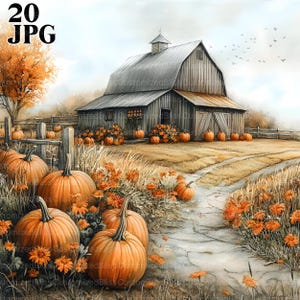 May include: A watercolor painting of a gray barn with a wooden door and a path leading to it. The barn is surrounded by a field of orange pumpkins and yellow flowers.