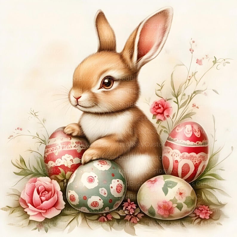 May include: A brown bunny rabbit with pink ears sits amongst a bed of green leaves and pink flowers. The bunny is holding a red and white patterned Easter egg. There are four other Easter eggs in the image, each with a different pattern.