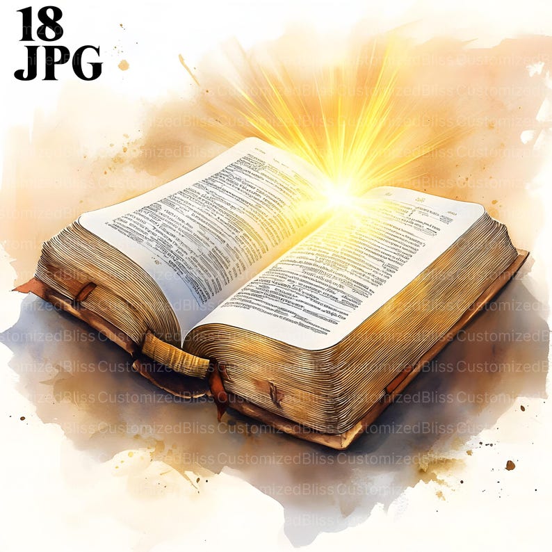 Peut inclure: Un livre ouvert avec des pages vieillies et une lueur dor&eacute;e &eacute;manant du centre. Le livre est plac&eacute; sur un fond aquarelle aux teintes brunes et jaunes.
