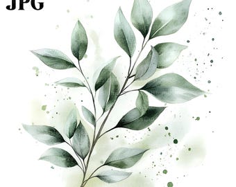 20 hojas verdes, ramas, imágenes prediseñadas, hojas botánicas, vegetación, JPG de alta calidad, imágenes prediseñadas de acuarela, diario basura, descarga digital de papel artesanal