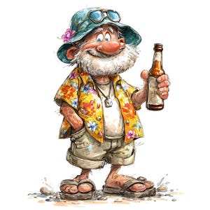 Może przedstawiać: Ilustracja kreskówkowa przedstawiająca brodatą postać w niebieskim kapeluszu typu bucket hat z okularami przeciwsłonecznymi, żółtej koszuli w kwiaty z krótkim rękawem i beżowych szortach. Postać trzyma brązową szklaną butelkę i ma na stopach sandały.