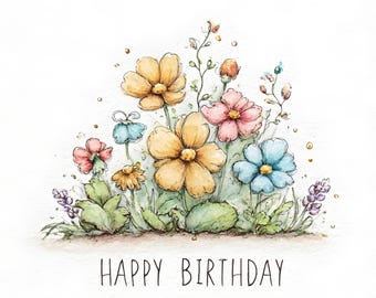 44 Happy Birthday Floral Card Printable, Whimsical Birthday Art For Cards, Birthday Clipart, Celebration Clipart, Floral Clipart, Flower JPG