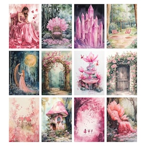 May include: A collection of 10 watercolor paintings depicting whimsical scenes with a pink and purple color scheme. The paintings feature fairies, flowers, castles, and other magical elements.