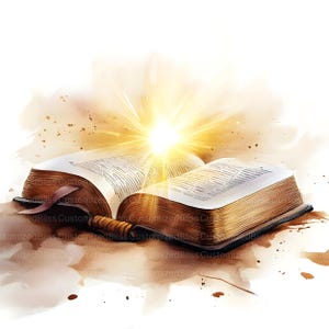 Peut inclure: Un livre ouvert avec des pages vieillies et une reliure en cuir. Le livre est illumin&eacute; par une lumi&egrave;re vive &eacute;manant de son centre, cr&eacute;ant un effet de halo. L'arri&egrave;re-plan est une aquarelle de couleur brun et beige.