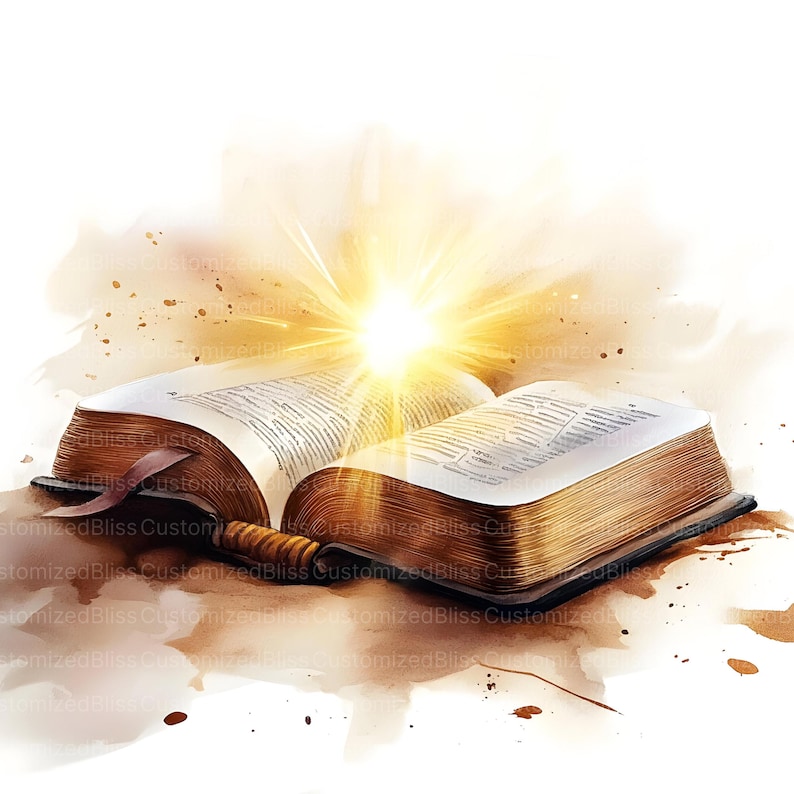 Peut inclure: Un livre ouvert avec des pages vieillies et une reliure en cuir. Le livre est illumin&eacute; par une lumi&egrave;re vive &eacute;manant de son centre, cr&eacute;ant un effet de halo. L'arri&egrave;re-plan est une aquarelle de couleur brun et beige.