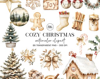 Paquete de imágenes prediseñadas navideñas en acuarela, imágenes prediseñadas navideñas acogedoras, imágenes PNG navideñas bohemias, imágenes prediseñadas de adornos, coronas navideñas, gráficos navideños