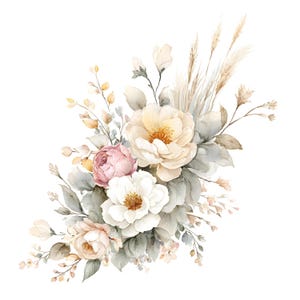 May include: A floral arrangement featuring cream, white, and soft pink roses alongside muted green foliage and tall, slender beige grasses. The composition includes various blooming flower heads, delicate buds, and leafy stems arranged in a cluster.