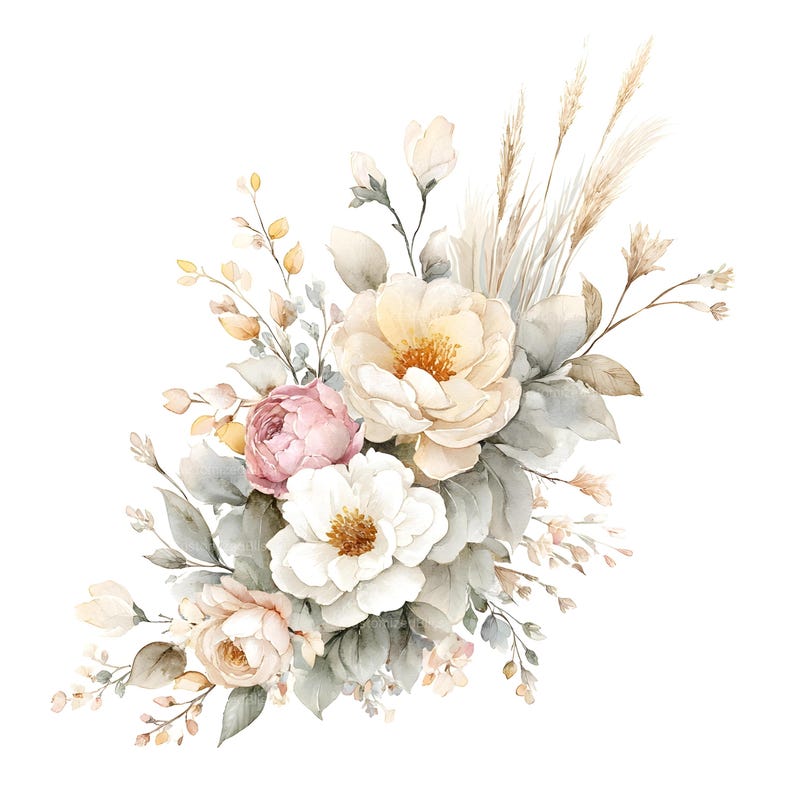 May include: A floral arrangement featuring cream, white, and soft pink roses alongside muted green foliage and tall, slender beige grasses. The composition includes various blooming flower heads, delicate buds, and leafy stems arranged in a cluster.