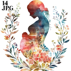 14 Bundle de cliparts femme enceinte, clipart grossesse, JPG de haute qualité, clipart aquarelle, Junk Journal, téléchargement numérique, créations en papier