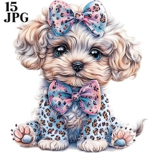 15 Clipart di cuccioli di leopardo, Clipart di labradoodle, Clipart di cani, Clipart di papillon, Clipart di fiocchi di leopardo, JPG di alta qualità, download digitale