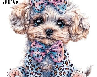 15 Leopard Print Puppy Clipart, Labradoodle Clipart, Dog Clipart, Bow Tie Clipart, Leopard Bow Clipart, High Quality JPGs, Digital Download