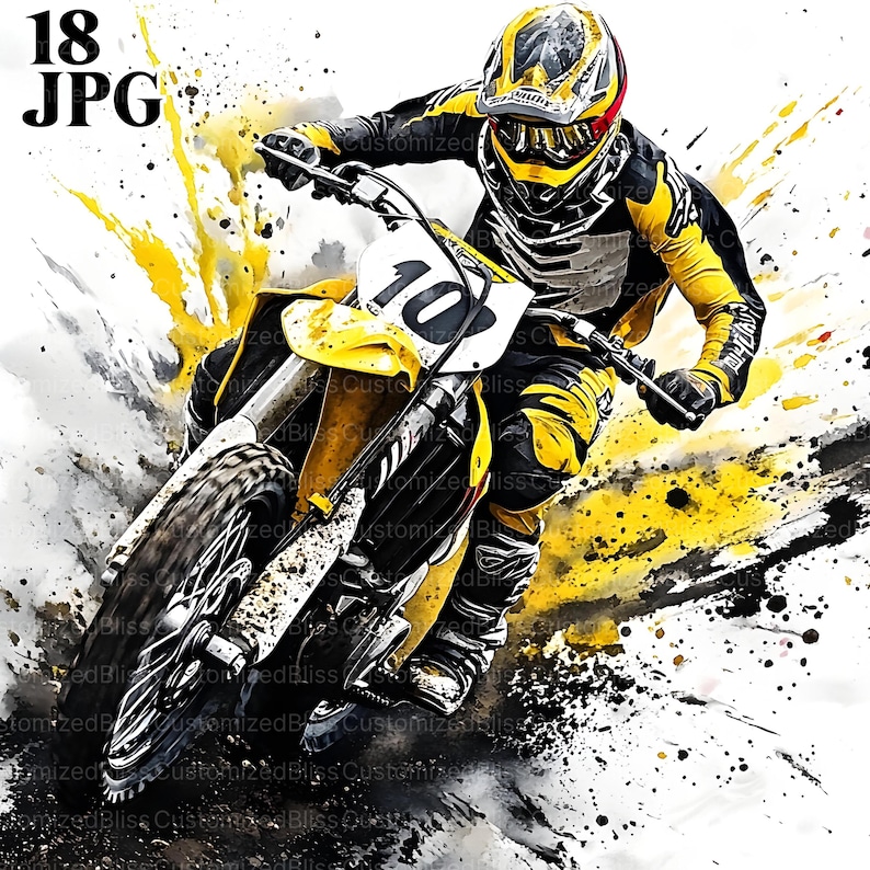 May include: Watercolor-style illustration of a motocross racer on a yellow and black motorcycle. The rider wears a yellow and black helmet and gear, with the number 10 on the front of the bike. Splashes of yellow and black paint add dynamic movement.
