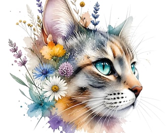 25 Watercolor Floral Cat Clipart, Kitten Clipart, Abstract Whimsical Printable Designs, Watercolor Clipart Junk Journal Digital Download JPG