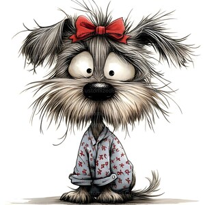 Pu&ograve; includere: Un'illustrazione di un piccolo cane peloso con un fiocco rosso e un pigiama blu e rosso a fantasia. Il cane ha un'espressione sorpresa con occhi grandi e rotondi.