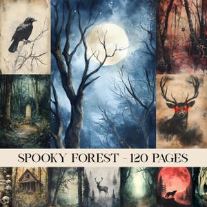 Pagina's spookachtig bos, donkere bossen, rommeldagboek, plakboekpapier, digitaal papier, Halloween, gotische afbeeldingen, oud oud papier, collage, decoupage