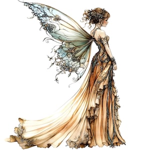 May include: A fairy with long brown hair and a flowing golden gown with intricate details. She has delicate wings with blue and green accents and is standing with her back to the viewer.