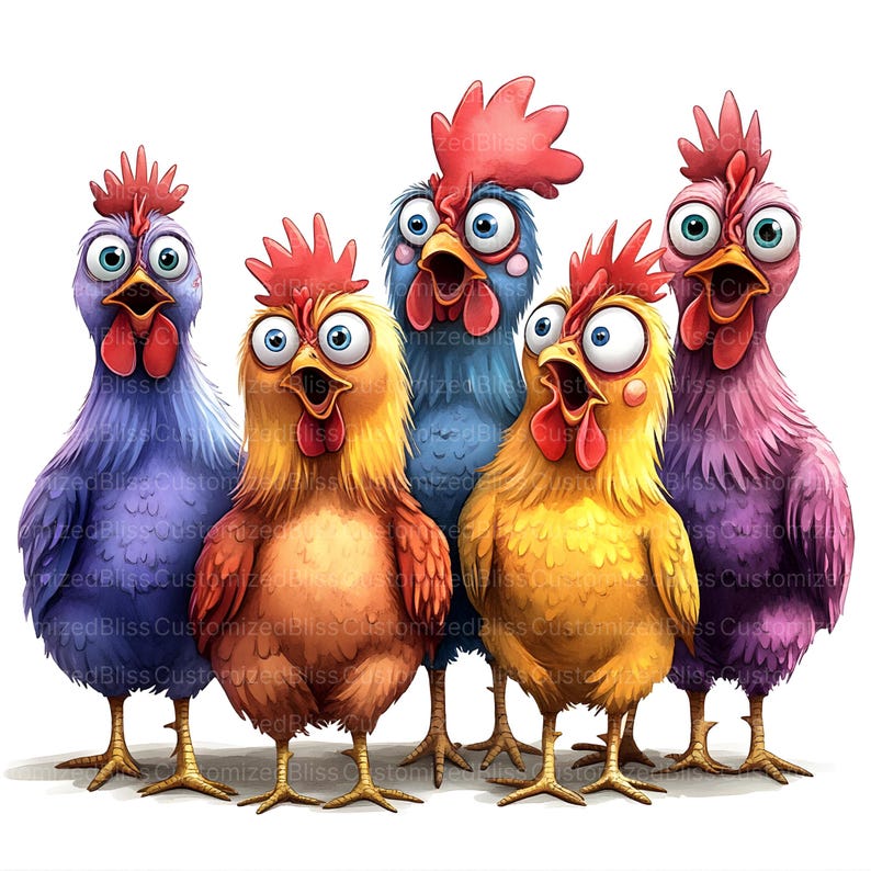 May include: A whimsical illustration of five cartoon chickens with exaggerated features. Each chicken has a different color of plumage, including purple, orange, yellow, blue, and pink. They all have wide eyes and open beaks, giving them a surprised expression.