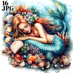 16 Clipart sirène endormie, coquillages, clipart océan, mer des cliparts, JPG de haute qualité, Junk Journal, téléchargement numérique, créations en papier