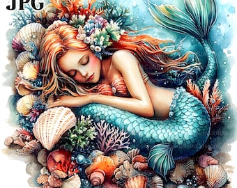 16 Sleeping Mermaid Clipart, Seashells Clipart, Ocean Clipart, Sea Clipart, High Quality JPGs, Junk Journal, Digital Download, Paper Craft