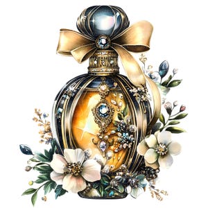 May include: A vintage-style perfume bottle with a gold and black design, adorned with jewels and a gold bow. The bottle is surrounded by white flowers and green leaves.