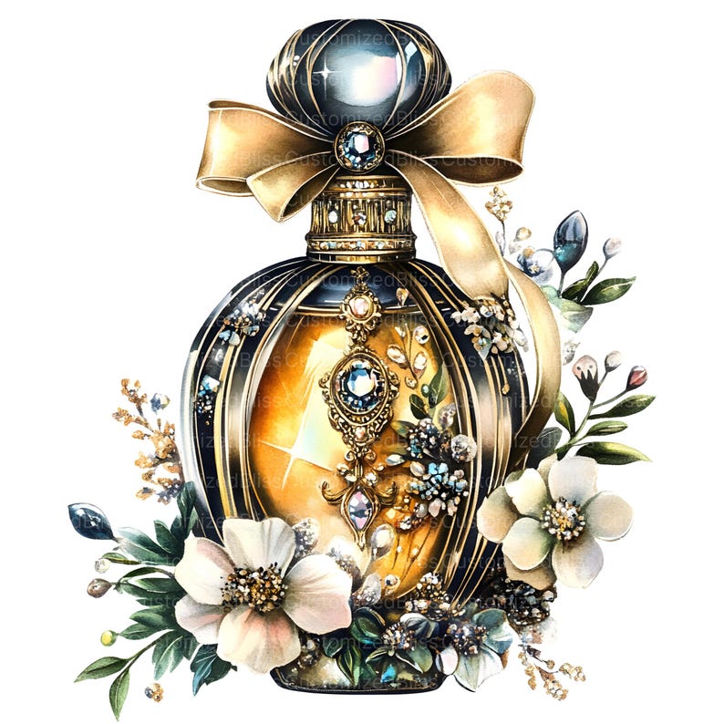 May include: A vintage-style perfume bottle with a gold and black design, adorned with jewels and a gold bow. The bottle is surrounded by white flowers and green leaves.