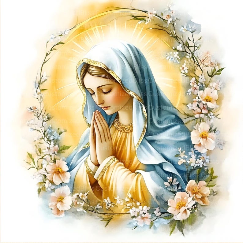 May include: A painting of the Virgin Mary in a blue robe with a yellow inner garment, praying with her hands clasped together. She is surrounded by a wreath of white flowers.