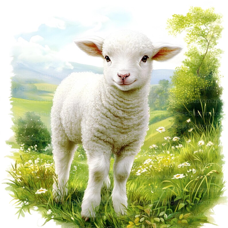 May include: A white lamb with fluffy fur stands in a field of green grass and white flowers. The lamb is looking at the camera with a sweet expression.