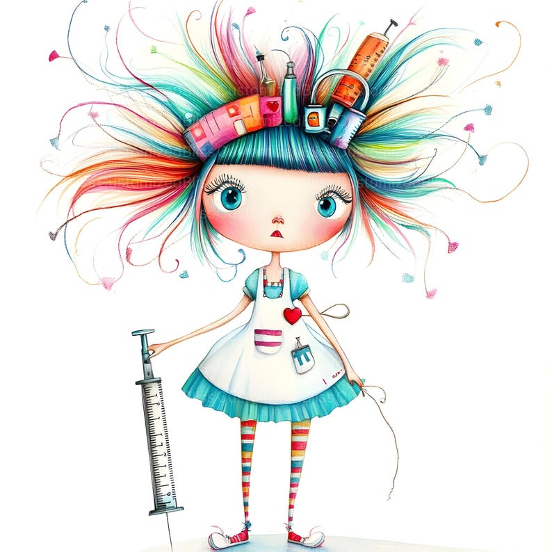 May include: A cartoon illustration of a girl with colorful hair and a white dress. She is holding a large syringe and has various medical supplies in her hair.