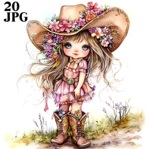 20 Imágenes prediseñadas de vaqueras extravagantes, chica caprichosa, JPG de alta calidad, imágenes prediseñadas de acuarela, diario basura, descarga digital, manualidades de papel, imprimibles