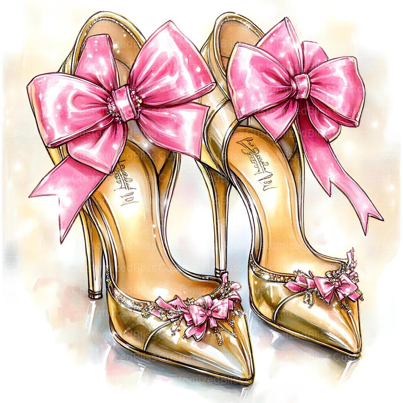 Pu&ograve; includere: Illustrazione di due scarpe con tacco alto dorate con punta. Ogni scarpa presenta un grande fiocco rosa sulla parte superiore e un fiocco pi&ugrave; piccolo con abbellimenti sulla punta. I tacchi sono sottili e le scarpe hanno una finitura lucida.