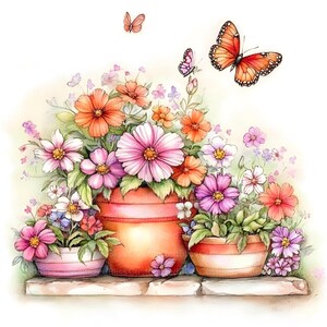 Puede incluir: Ilustraci&oacute;n en acuarela de flores vibrantes en tonos naranja, rosa y morado, dispuestas en macetas de terracota. Mariposas con alas naranjas y rosas revolotean sobre el arreglo floral, creando una escena de jard&iacute;n caprichosa.
