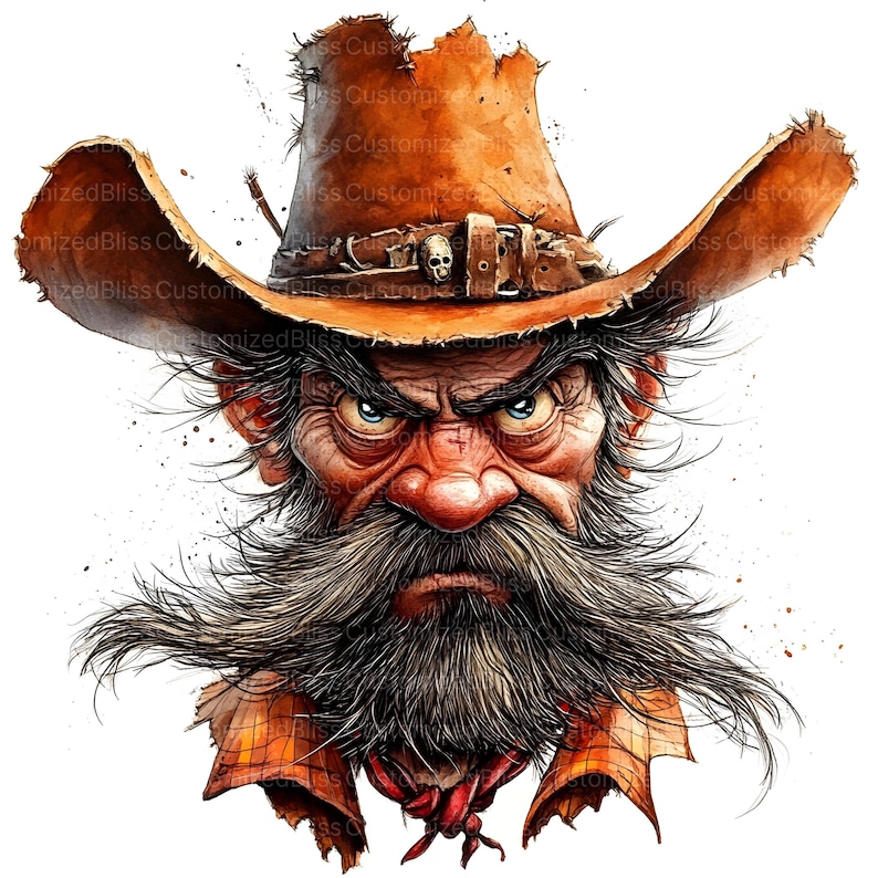 May include: A cartoon illustration of a man with a long, gray beard wearing a brown cowboy hat with a skull and crossbones buckle. The man has a stern expression on his face.