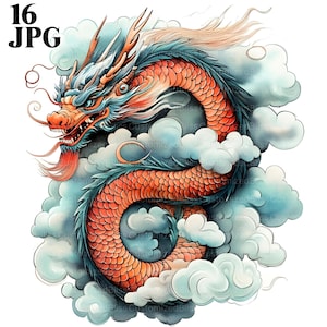 16 Chinese Dragon Clipart, Fantasy Dragon, Dragon Images, High Quality JPGs, Watercolor Clipart, Junk Journal, Digital Download, Paper Craft