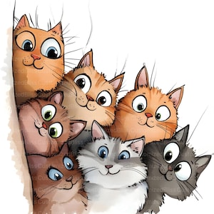 May include: A colourful illustration featuring seven cartoon cats with large, expressive eyes and a variety of fur colours. The cats are grouped together, creating a cheerful and friendly image.