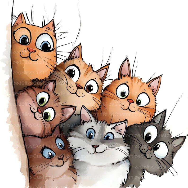May include: A colourful illustration featuring seven cartoon cats with large, expressive eyes and a variety of fur colours. The cats are grouped together, creating a cheerful and friendly image.