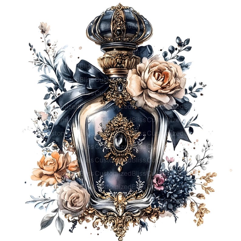 May include: A vintage-style glass perfume bottle with a gold crown-shaped stopper and a black ribbon bow. The bottle is decorated with gold accents and a large, dark jewel. The bottle is surrounded by watercolor illustrations of flowers in shades of blue, white, and orange.