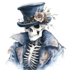 May include: A watercolour illustration of a skeleton wearing a blue top hat decorated with a cream rose and foliage. The skeleton is dressed in a blue coat with tattered edges, creating a gothic aesthetic. The image has a vintage feel.
