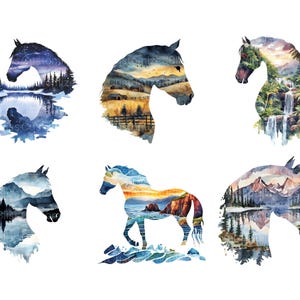 Puede incluir: Seis acuarelas de caballos con paisajes dentro de sus siluetas. Los paisajes son variados e incluyen monta&ntilde;as, bosques, cascadas y cielos. Los caballos son todos siluetas negras.